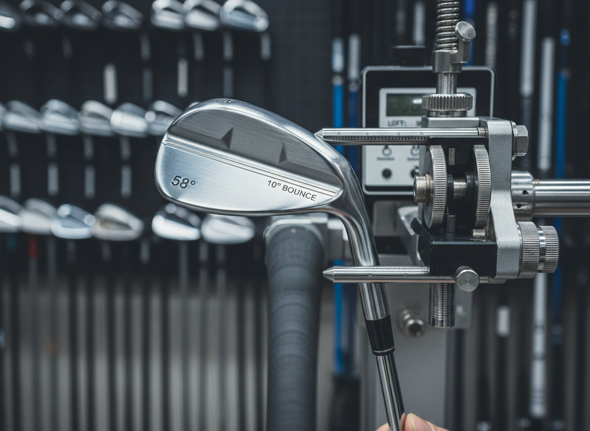 A close-up of a custom-fit wedge head clamped gently in a precision loft-and-lie adjustment machine, the brushed metal tool arms hugging the hosel with intricate measurement markings visible along polished steel rods. The club’s sole shows crisp grind lines and laser-etched loft details, while the grip extends softly out of frame. Cool, directional workshop lighting from above and the side casts defined yet controlled shadows, highlighting the mechanical complexity and expert tuning. The background features a blurred wall of neatly organized club heads and shafts, reinforcing a meticulous, engineering-focused environment. Shot from a slightly elevated angle with sharp focus on the adjustment mechanism, the photographic image feels technical, precise, and quietly sophisticated.