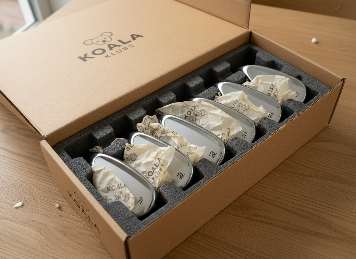 A neatly opened shipping box made of sturdy, recycled kraft cardboard sits on a light oak tabletop, its lid folded back to reveal custom-fit Koala Klubs irons individually wrapped in soft, branded tissue paper. Each chrome club head gleams with engraved loft numbers, nesting securely within precisely cut protective foam. Natural daylight from a nearby window bathes the scene in gentle, neutral light, creating subtle shadows beneath the box flaps and soft highlights along the club edges. The composition is top-down with a slight angle, showcasing the unboxing experience and attention to detail. The photographic realism and warm, home-delivery setting evoke anticipation, care, and premium service arriving at your door.