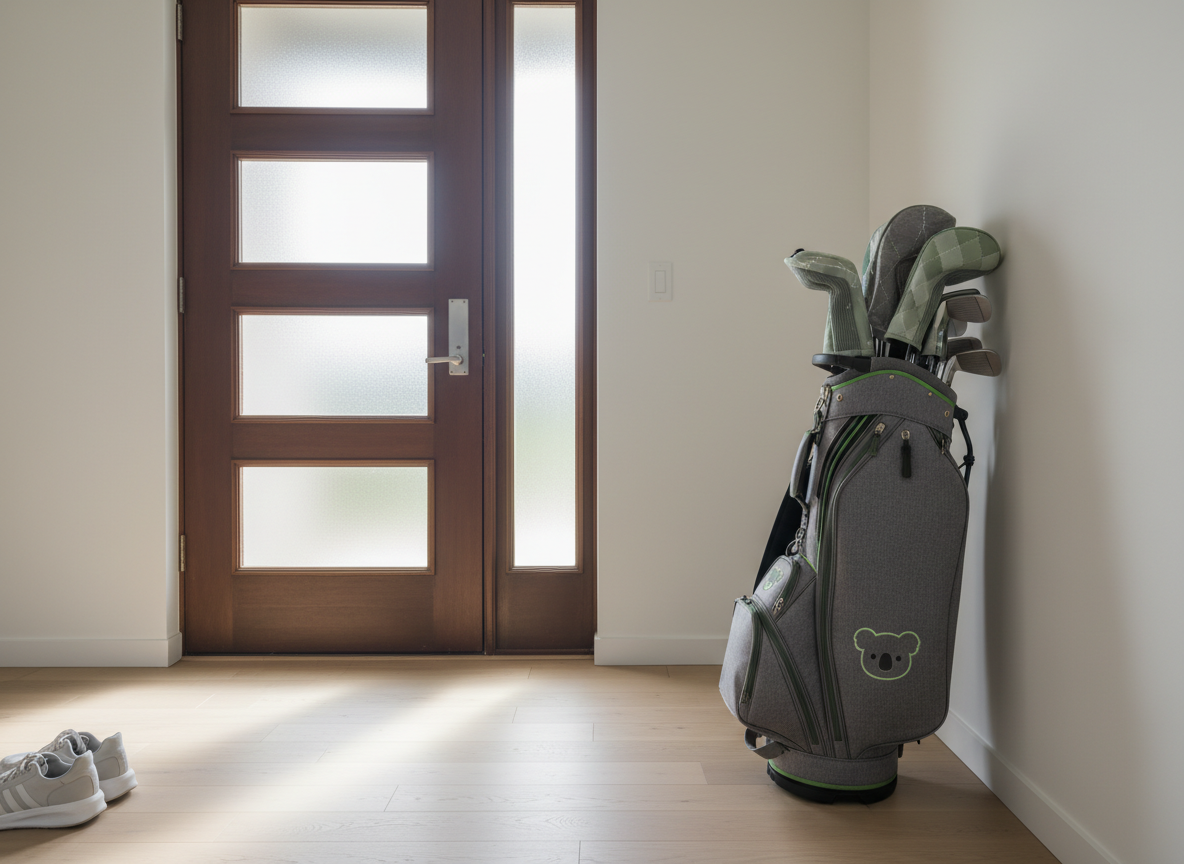 A full custom Koala Klubs set arranged in a modern, minimalist home hallway, leaning neatly against a white wall beside a closed front door, ready for pickup. The stand bag in soft gray fabric features subtle green accents and a small embroidered koala icon, with color-coordinated headcovers peeking from the top. Soft morning light seeps through frosted glass panels in the door, creating diffuse, gentle illumination and faint, elongated shadows on the hardwood floor. The composition follows the rule of thirds, allowing negative space to emphasize simplicity and convenience. Photographic realism and a calm, everyday atmosphere highlight the ease of having dialed-in clubs delivered to, and waiting at, your door, blending high-performance gear with modern home life.