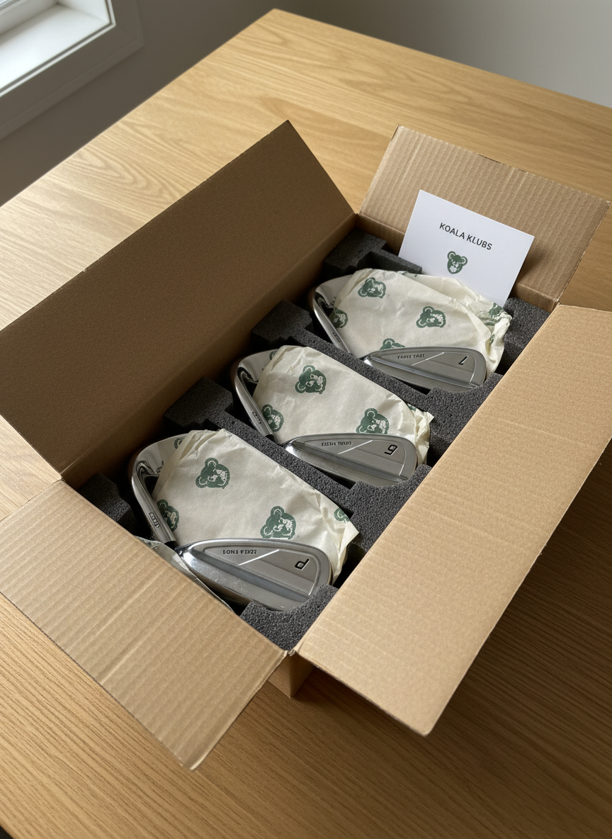 A neatly opened shipping box made of sturdy, recycled kraft cardboard sits on a light oak tabletop, its lid folded back to reveal custom-fit Koala Klubs irons individually wrapped in soft, branded tissue paper. Each chrome club head gleams with engraved loft numbers, nesting securely within precisely cut protective foam. Natural daylight from a nearby window bathes the scene in gentle, neutral light, creating subtle shadows beneath the box flaps and soft highlights along the club edges. The composition is top-down with a slight angle, showcasing the unboxing experience and attention to detail. The photographic realism and warm, home-delivery setting evoke anticipation, care, and premium service arriving at your door.