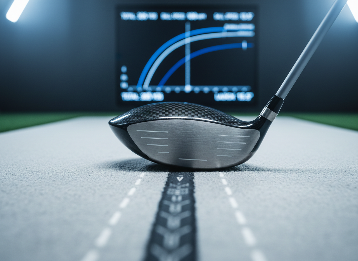 A single, perfectly fitted driver with a carbon-fiber crown and brushed metal face, its grip wrapped in textured dark gray rubber, lies diagonally on a smooth indoor fitting bay mat marked with faint alignment lines. Behind it, slightly out of focus, a clean launch monitor screen shows crisp trajectory graphs and distance numbers. Cool, diffused studio lighting illuminates the club head, emphasizing subtle curves and fine milling marks, while soft reflections glide across its surface. Shot from a low, three-quarter angle to emphasize power and precision, the composition is minimalist and high-tech, with a photographic style that feels clinical yet inviting, highlighting the science behind custom-fit performance.
