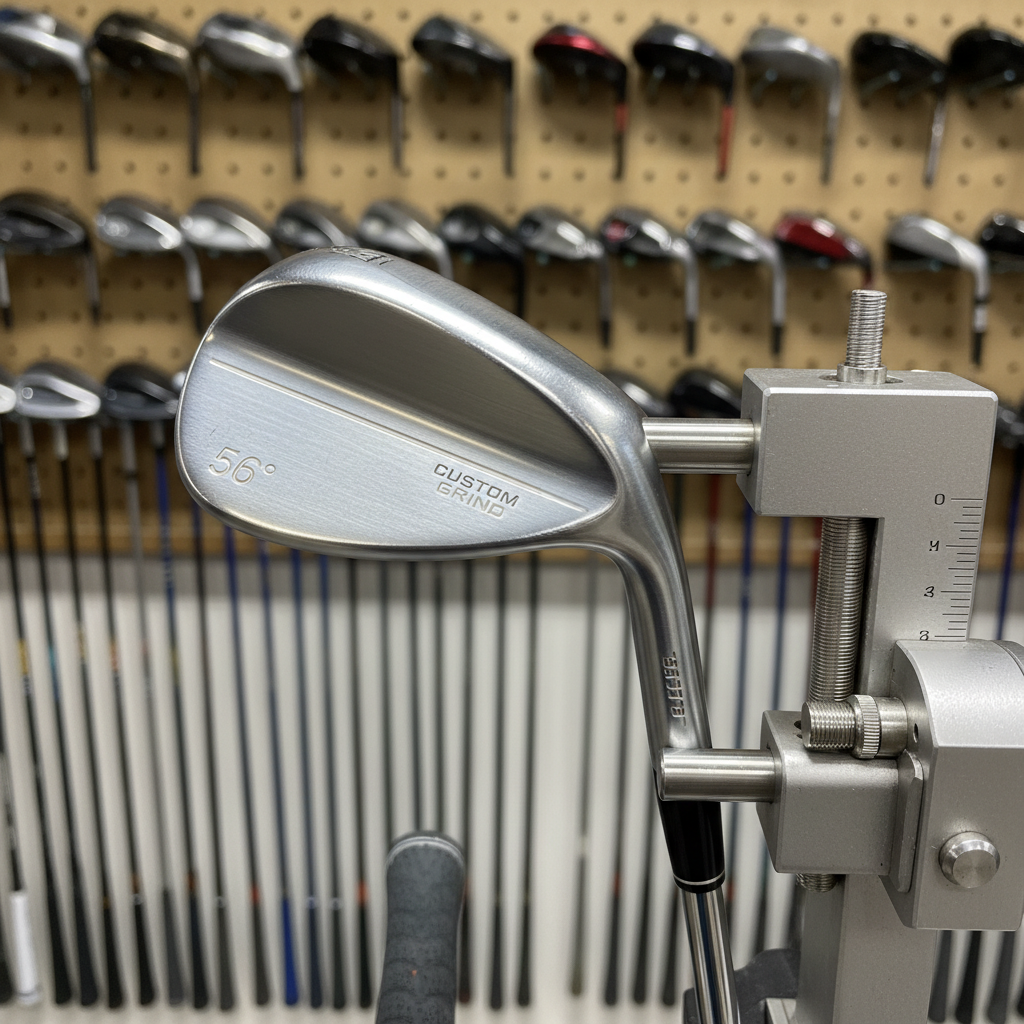 A close-up of a custom-fit wedge head clamped gently in a precision loft-and-lie adjustment machine, the brushed metal tool arms hugging the hosel with intricate measurement markings visible along polished steel rods. The club’s sole shows crisp grind lines and laser-etched loft details, while the grip extends softly out of frame. Cool, directional workshop lighting from above and the side casts defined yet controlled shadows, highlighting the mechanical complexity and expert tuning. The background features a blurred wall of neatly organized club heads and shafts, reinforcing a meticulous, engineering-focused environment. Shot from a slightly elevated angle with sharp focus on the adjustment mechanism, the photographic image feels technical, precise, and quietly sophisticated.