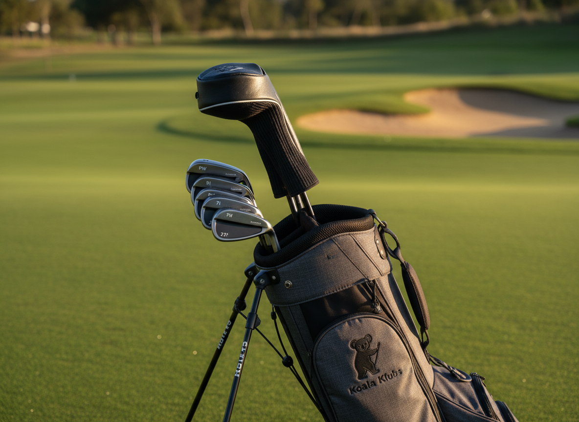 A meticulously arranged set of sleek, matte-black custom golf clubs, each shaft subtly labeled with loft and flex, resting in a premium charcoal fabric stand bag with understated Koala Klubs branding. The bag sits on a flawless, closely-mown green near the edge of a modern fairway, with finely raked bunker sand softly blurred in the distance. Late afternoon golden sunlight washes across the scene, catching gentle highlights on the polished club heads and creating soft, elongated shadows. Captured at eye level with a shallow depth of field, the focus is on the precise craftsmanship and texture of the clubs. The photographic realism and clean, modern aesthetic convey premium quality and calm confidence.