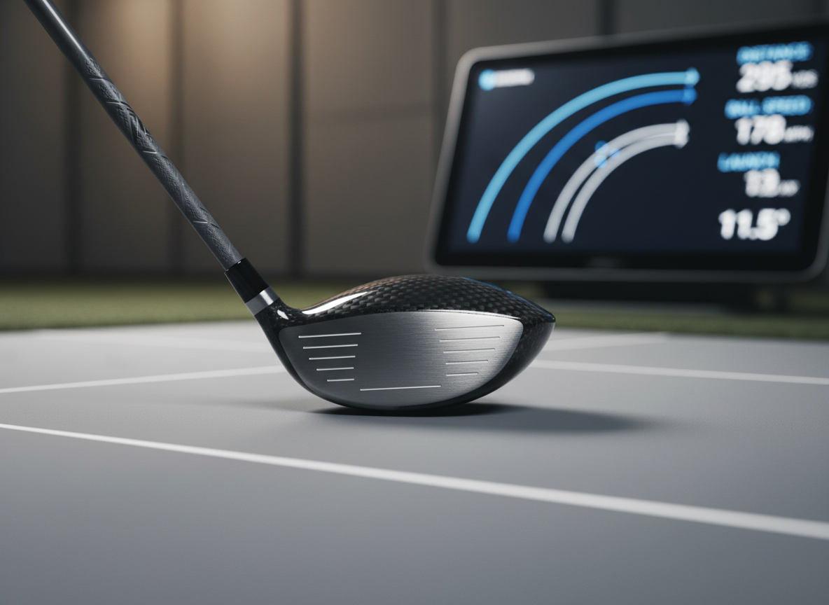 A single, perfectly fitted driver with a carbon-fiber crown and brushed metal face, its grip wrapped in textured dark gray rubber, lies diagonally on a smooth indoor fitting bay mat marked with faint alignment lines. Behind it, slightly out of focus, a clean launch monitor screen shows crisp trajectory graphs and distance numbers. Cool, diffused studio lighting illuminates the club head, emphasizing subtle curves and fine milling marks, while soft reflections glide across its surface. Shot from a low, three-quarter angle to emphasize power and precision, the composition is minimalist and high-tech, with a photographic style that feels clinical yet inviting, highlighting the science behind custom-fit performance.